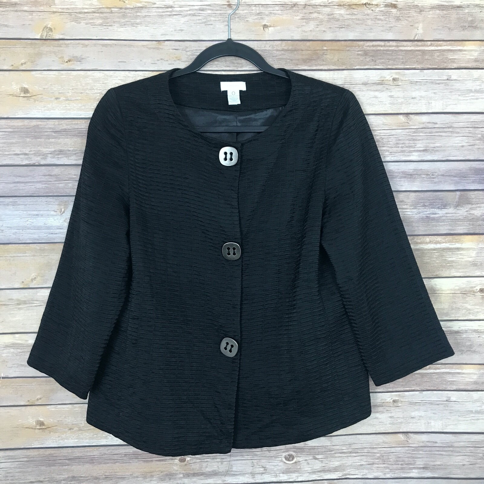 Chicos Jacket Womens 0 4 Black Textured 3/4 Sleeve Snap Front Lightweight Lined